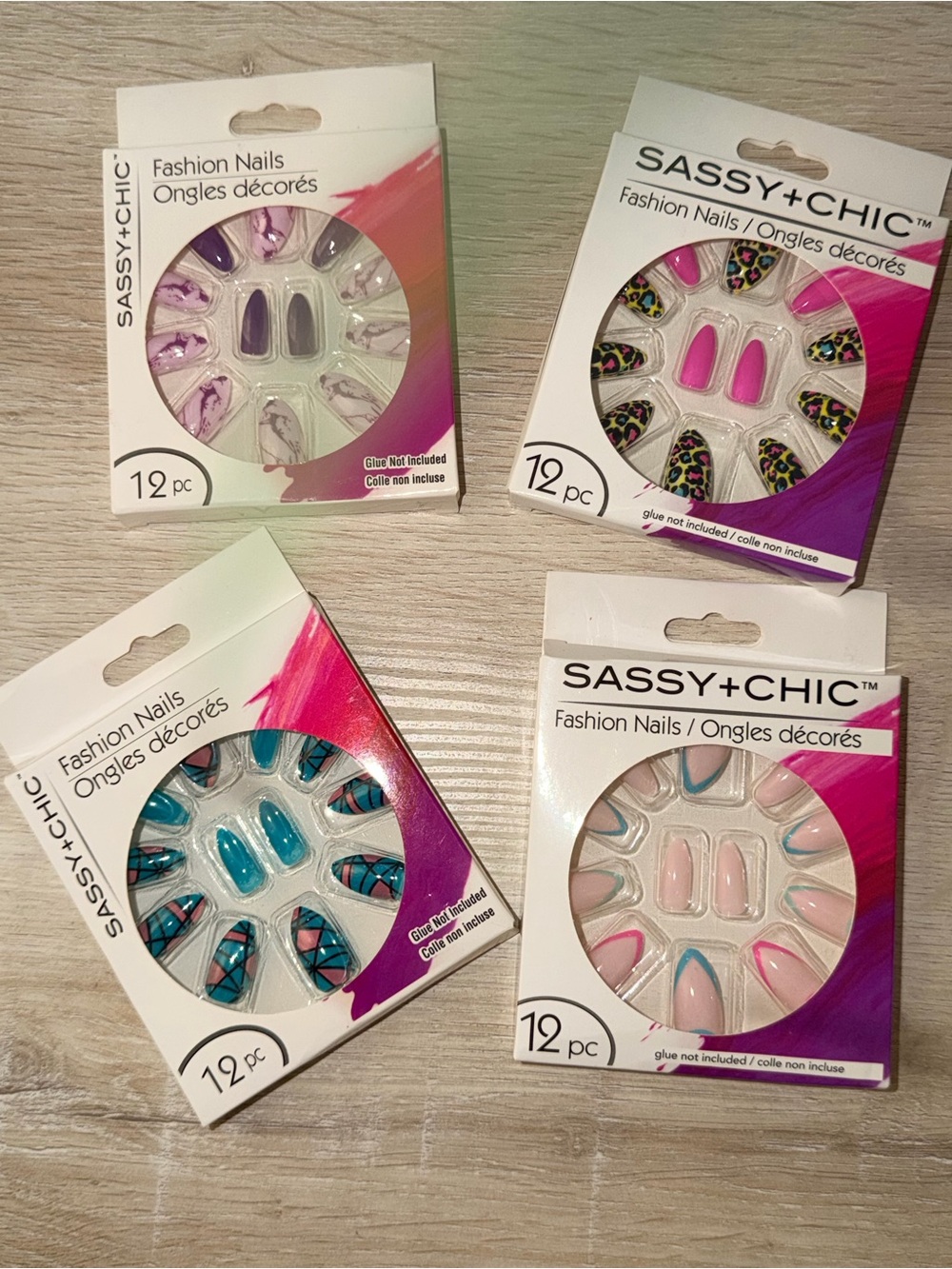 SASSY+CHIC Fashion Press-On Nails - Assorted Pink, Purple, Blue Sets (12 pc)
